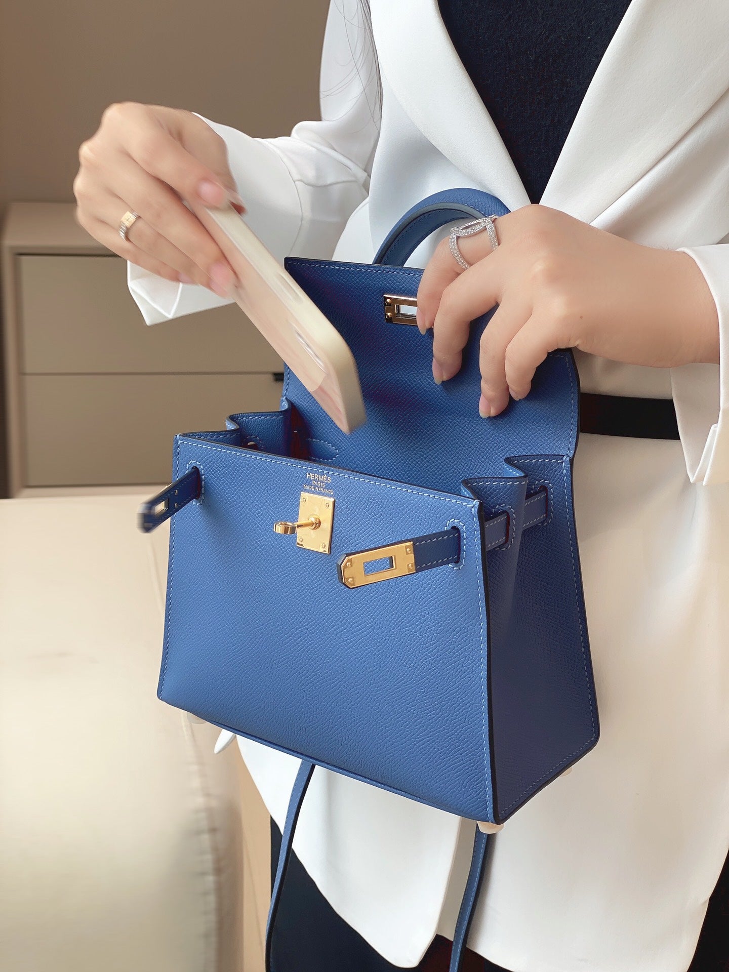 Women's Royal Blue Leather Top Handle Crossbody Bag - Elegant Designer Inspired Satchel with Gold Hardware