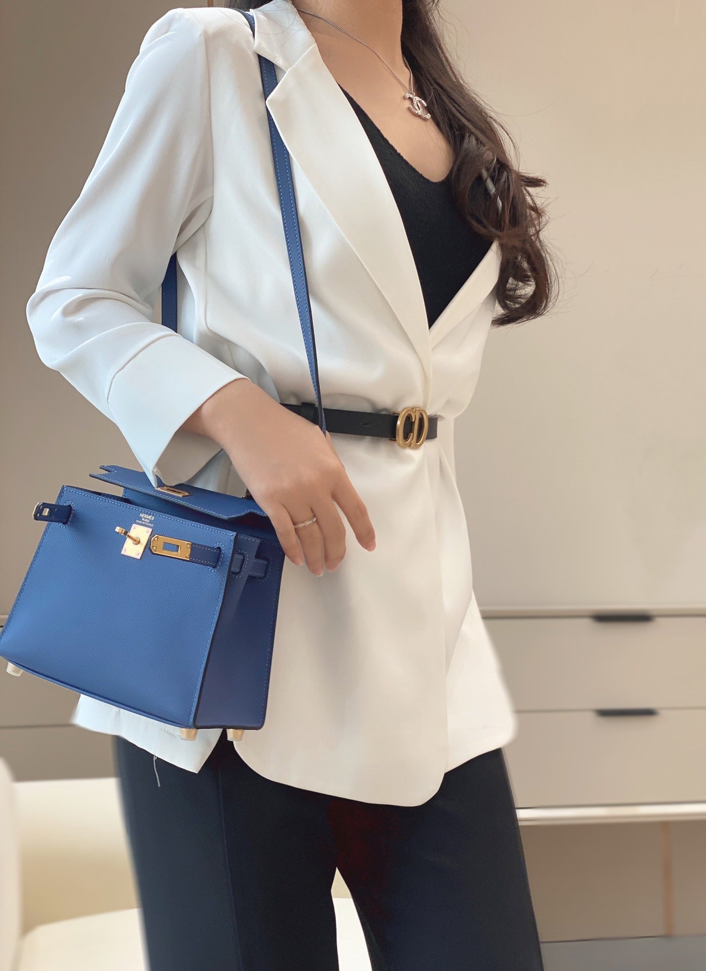 Women's Royal Blue Leather Top Handle Crossbody Bag - Elegant Designer Inspired Satchel with Gold Hardware