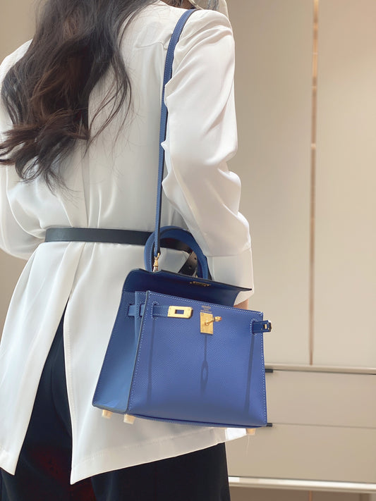 Women's Royal Blue Leather Top Handle Crossbody Bag - Elegant Designer Inspired Satchel with Gold Hardware