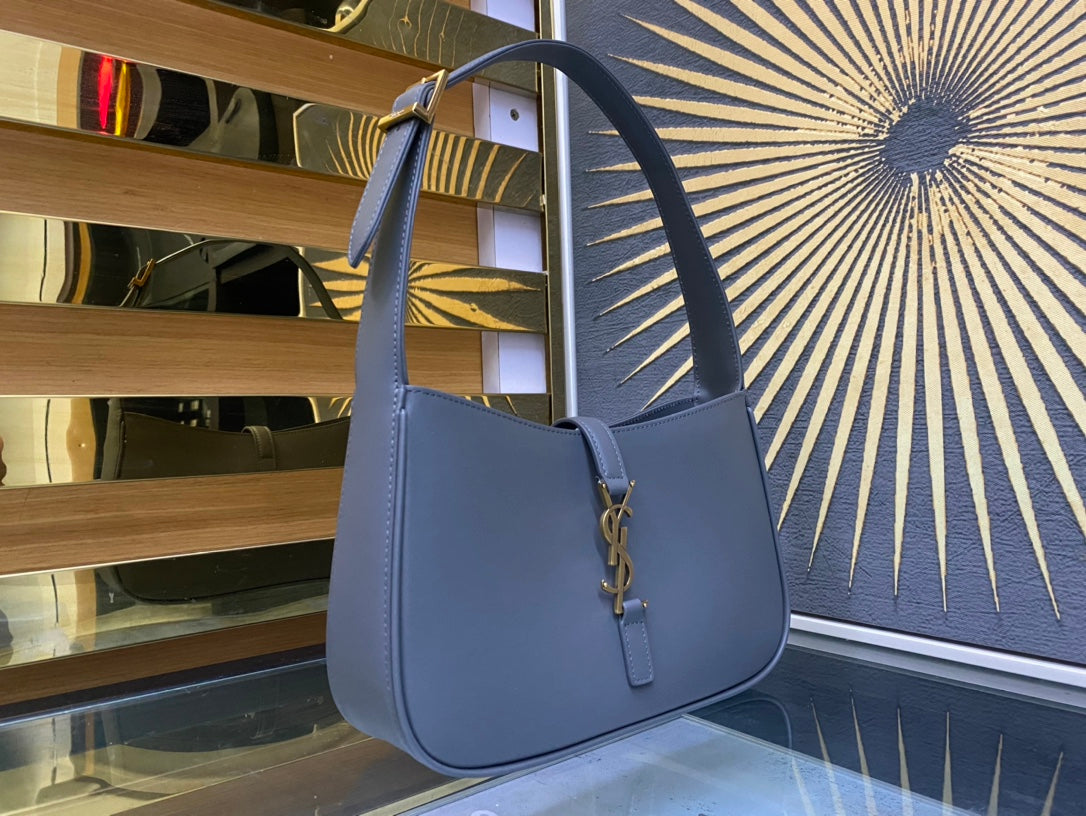 Saint Laurent Le 5 à 7 Small Shoulder Bag in Blue Leather with Gold-Tone YSL Monogram