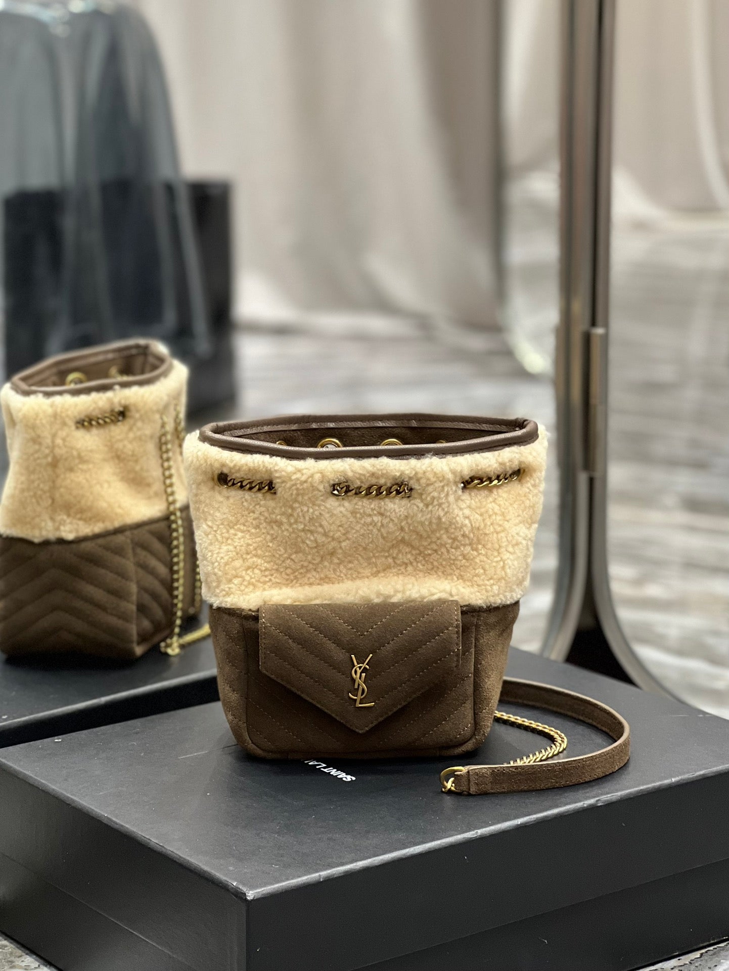 Saint Laurent Joe Mini Bucket Bag in Shearling and Suede