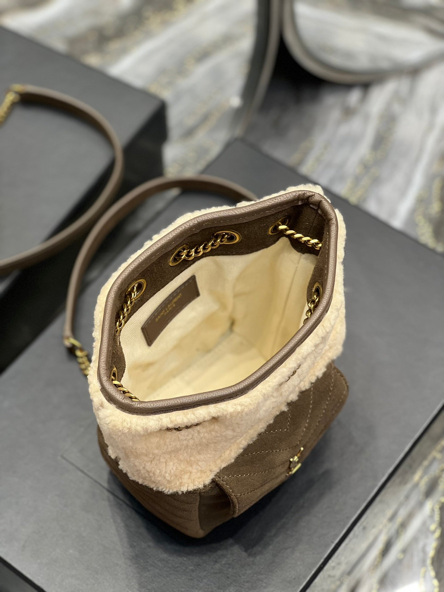 Saint Laurent Joe Mini Bucket Bag in Shearling and Suede