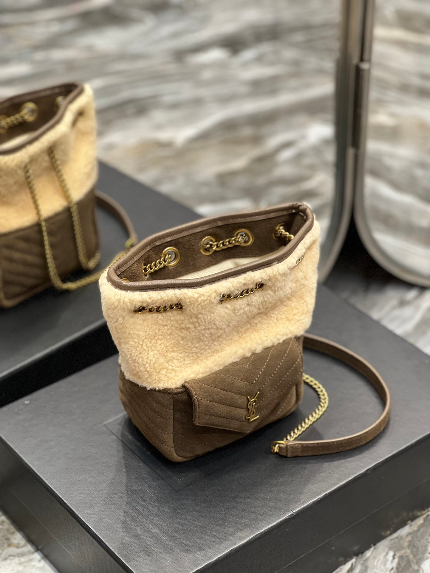 Saint Laurent Joe Mini Bucket Bag in Shearling and Suede