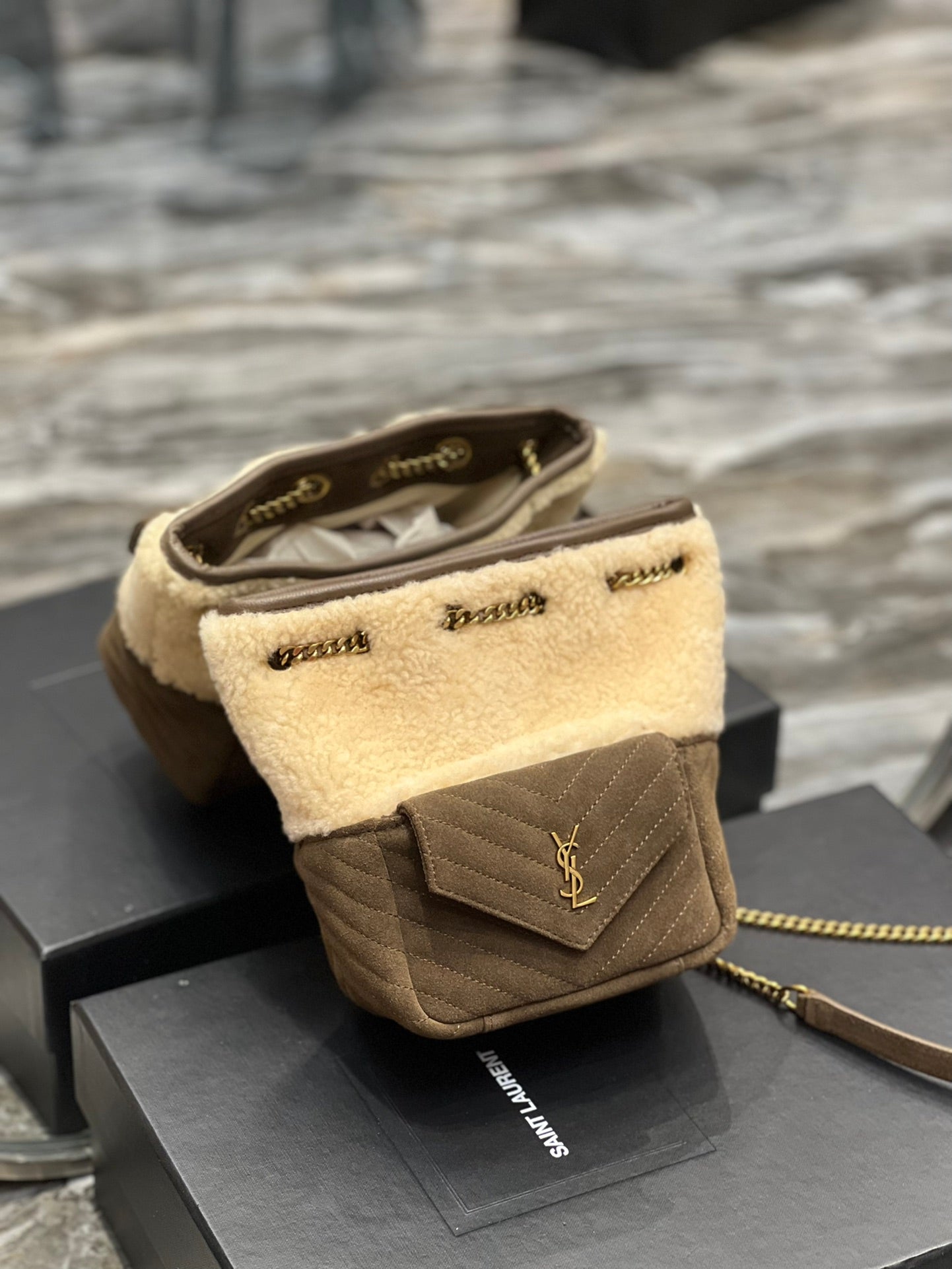 Saint Laurent Joe Mini Bucket Bag in Shearling and Suede