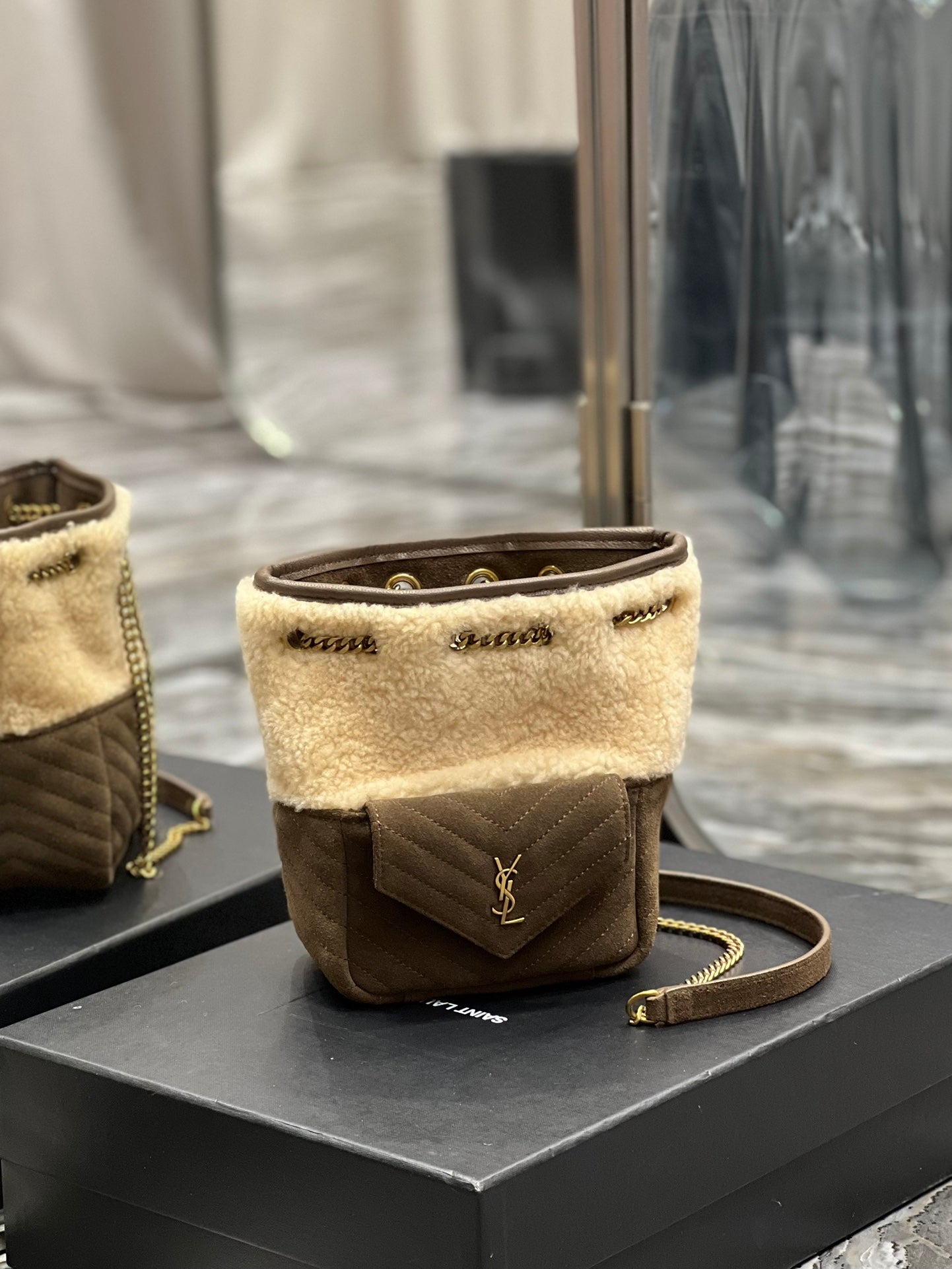 Saint Laurent Joe Mini Bucket Bag in Shearling and Suede