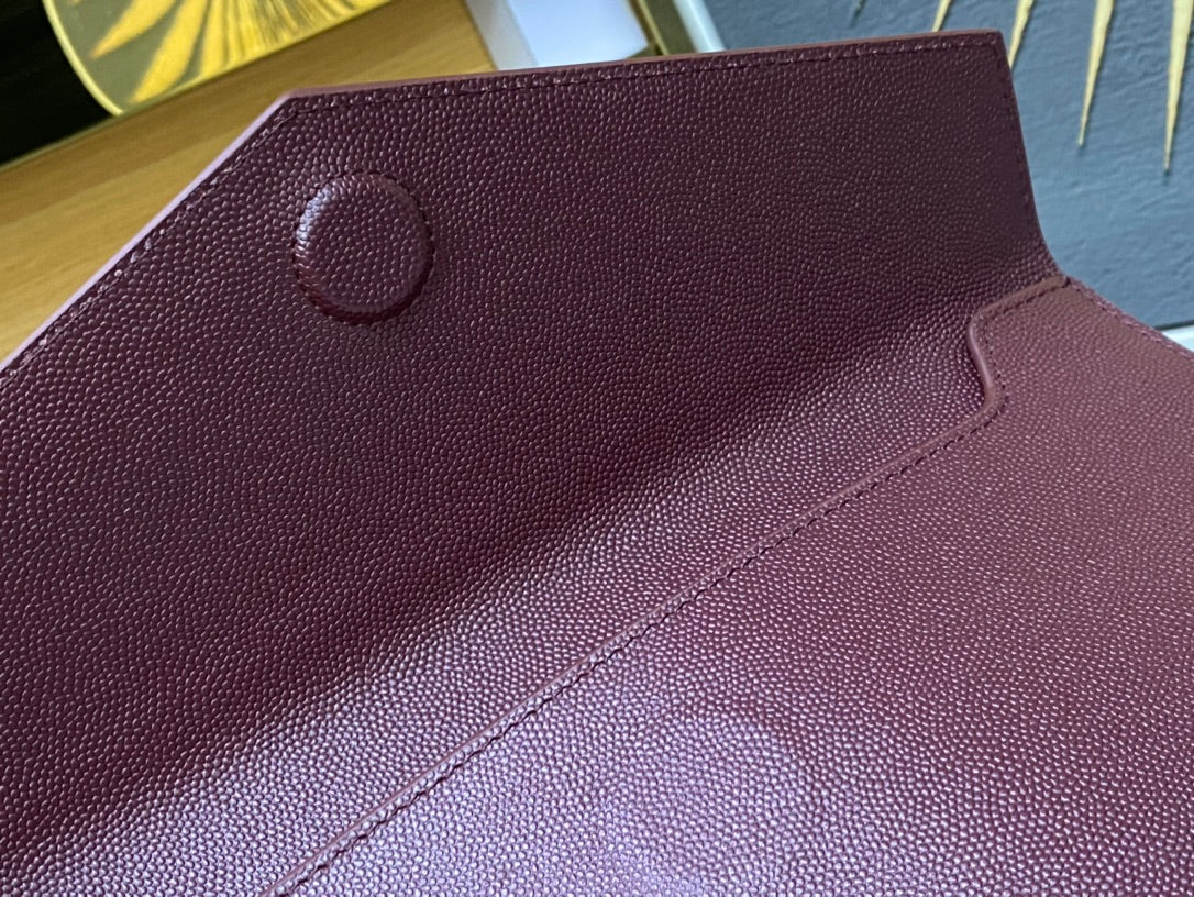 Saint Laurent Cassandre Leather Envelope Clutch - Burgundy Silver Hardware