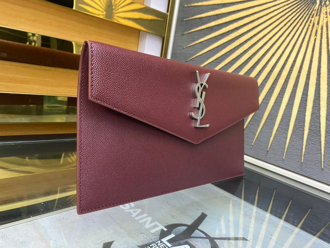 Saint Laurent Cassandre Leather Envelope Clutch - Burgundy Silver Hardware