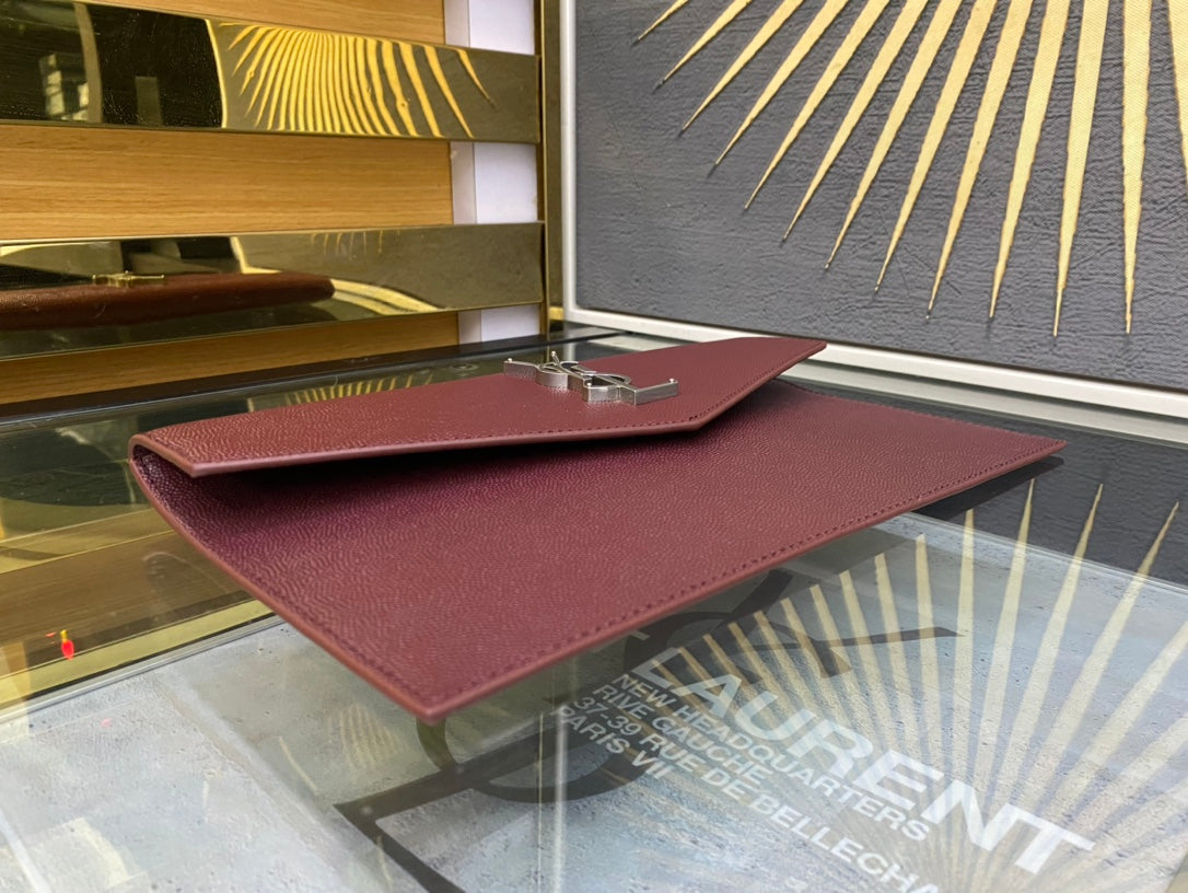 Saint Laurent Cassandre Leather Envelope Clutch - Burgundy Silver Hardware