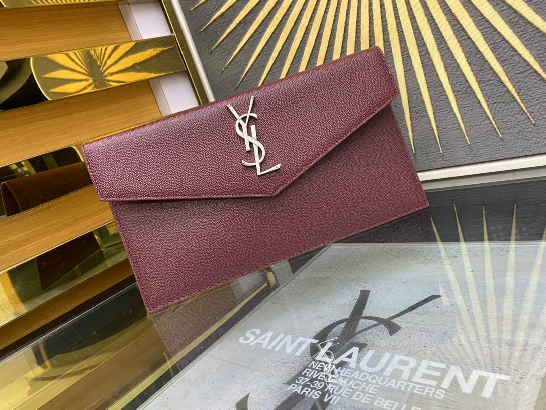 Saint Laurent Cassandre Leather Envelope Clutch - Burgundy Silver Hardware