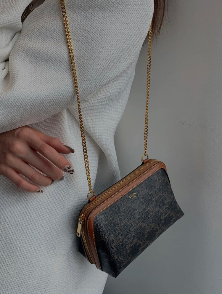 Women's Monogram Patterned Crossbody Bag with Gold Chain Strap - Black/Brown
