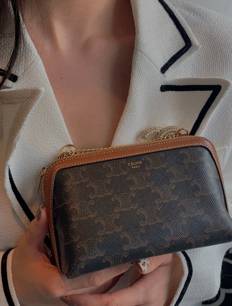 Women's Monogram Patterned Crossbody Bag with Gold Chain Strap - Black/Brown