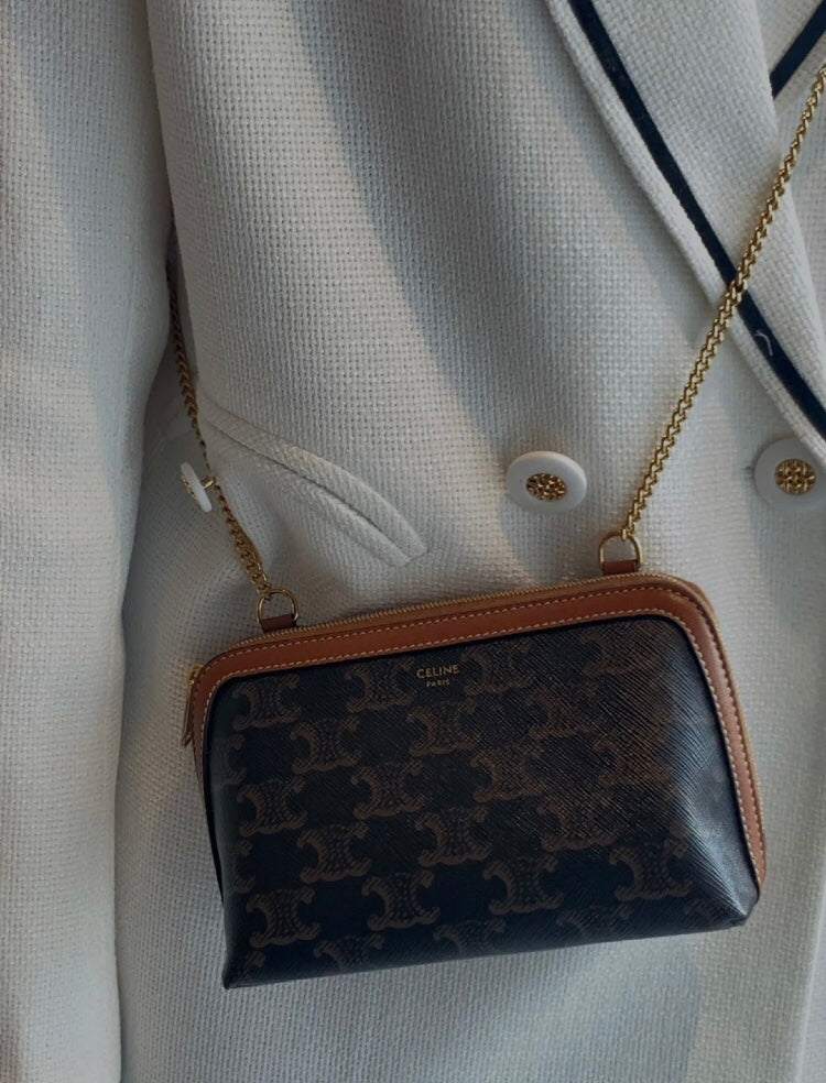 Women's Monogram Patterned Crossbody Bag with Gold Chain Strap - Black/Brown