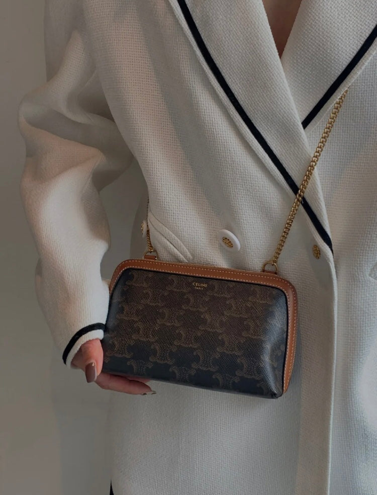 Women's Monogram Patterned Crossbody Bag with Gold Chain Strap - Black/Brown