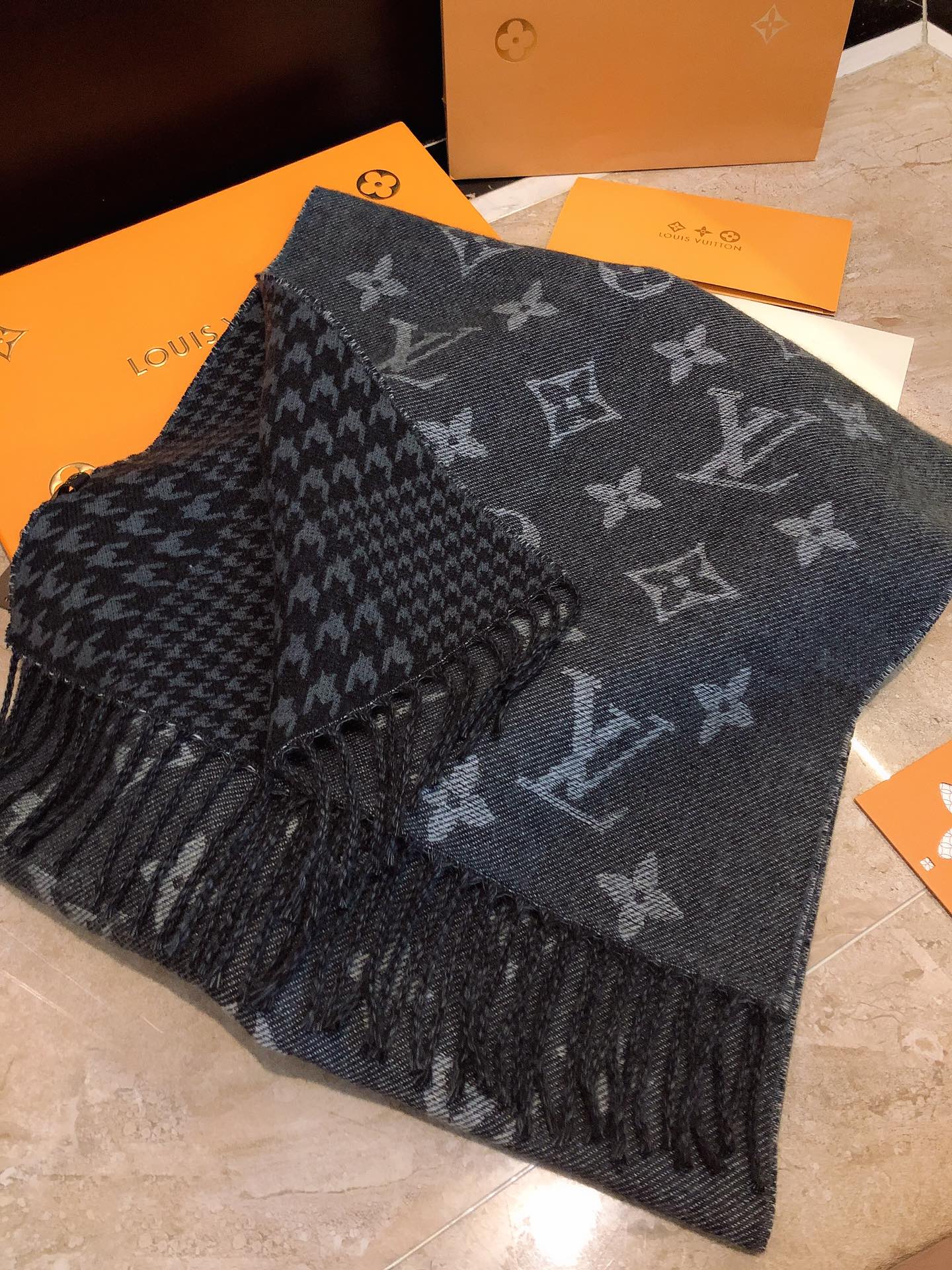 Louis Vuitton Monogram and Houndstooth Reversible Scarf - Charcoal Grey Wool Blend Shawl with Fringe Trim