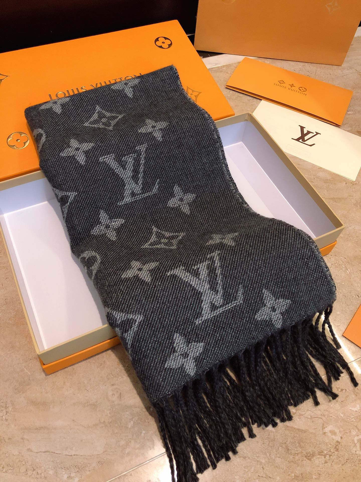 Louis Vuitton Monogram and Houndstooth Reversible Scarf - Charcoal Grey Wool Blend Shawl with Fringe Trim