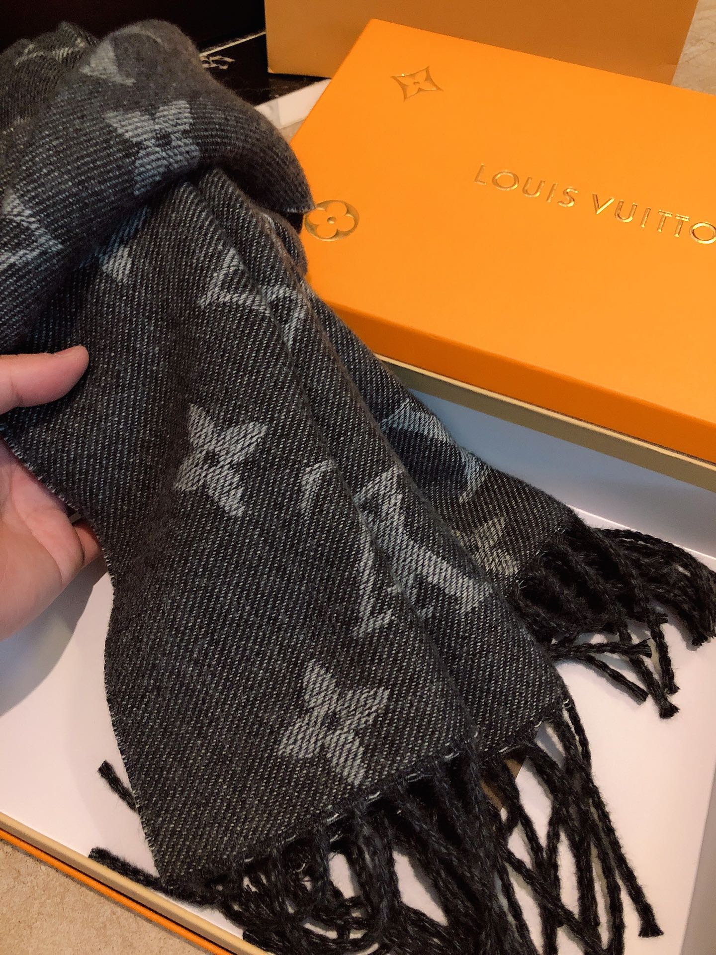 Louis Vuitton Monogram and Houndstooth Reversible Scarf - Charcoal Grey Wool Blend Shawl with Fringe Trim