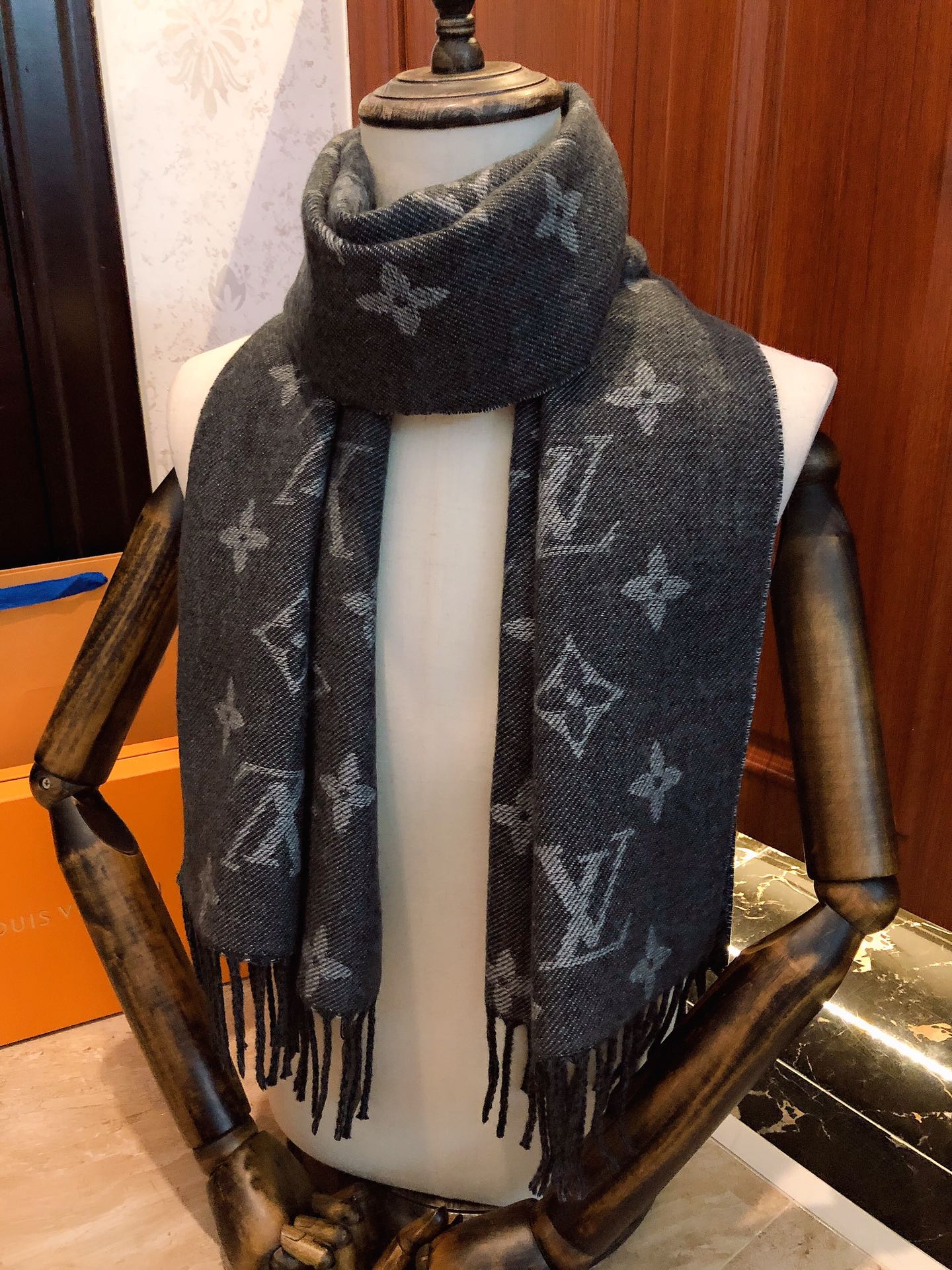 Louis Vuitton Monogram and Houndstooth Reversible Scarf - Charcoal Grey Wool Blend Shawl with Fringe Trim