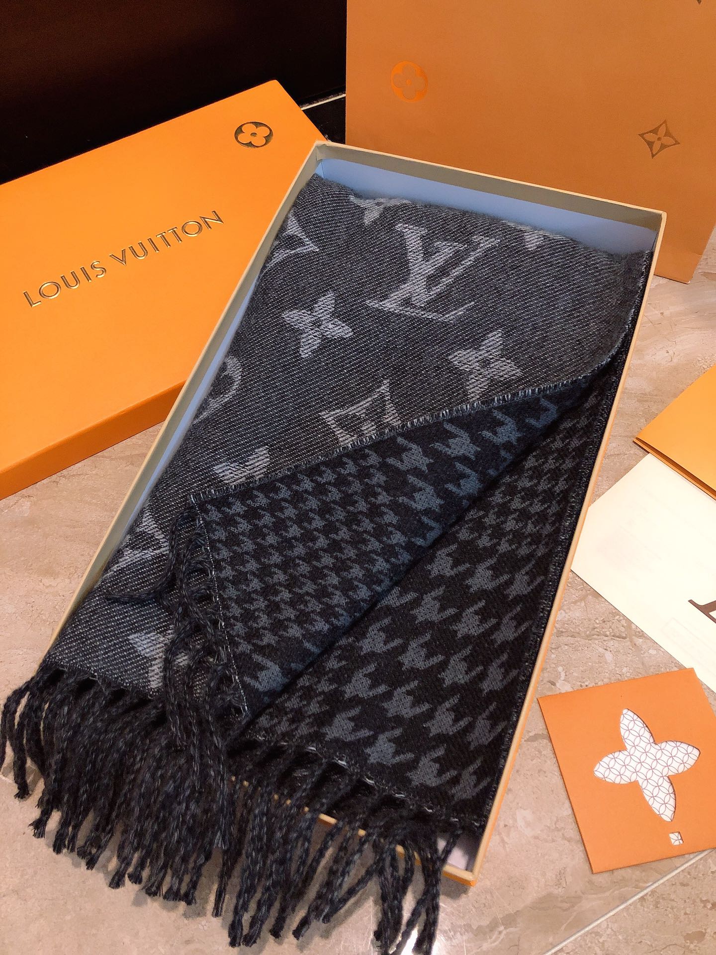 Louis Vuitton Monogram and Houndstooth Reversible Scarf - Charcoal Grey Wool Blend Shawl with Fringe Trim