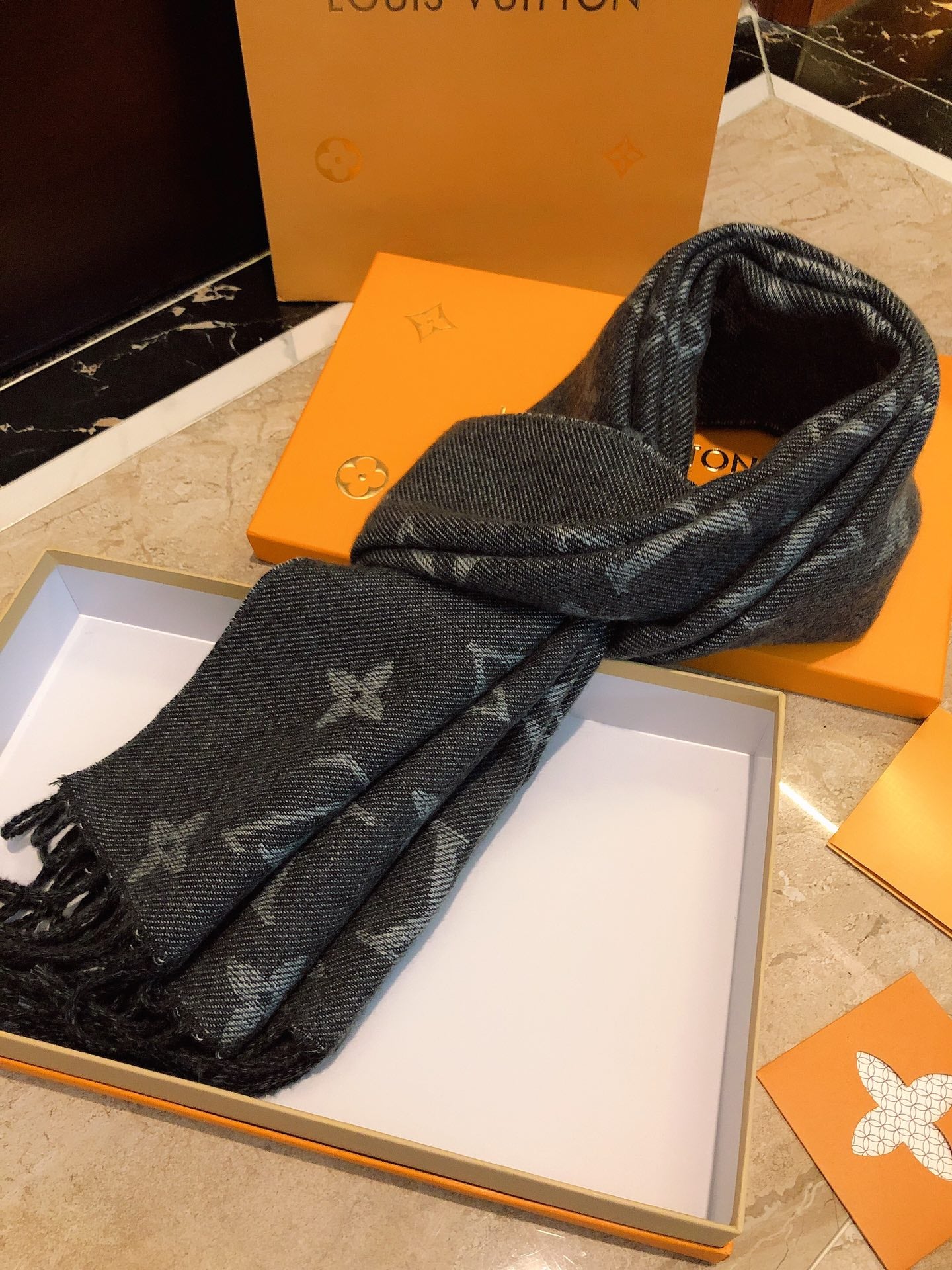 Louis Vuitton Monogram and Houndstooth Reversible Scarf - Charcoal Grey Wool Blend Shawl with Fringe Trim
