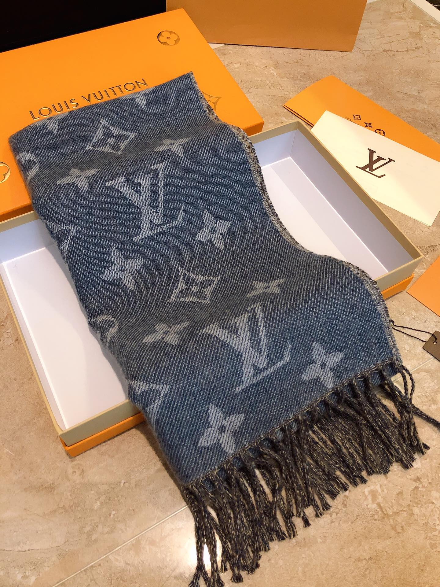 Louis Vuitton Monogram Denim Blue Reversible Wool Silk Scarf Shawl with Fringe