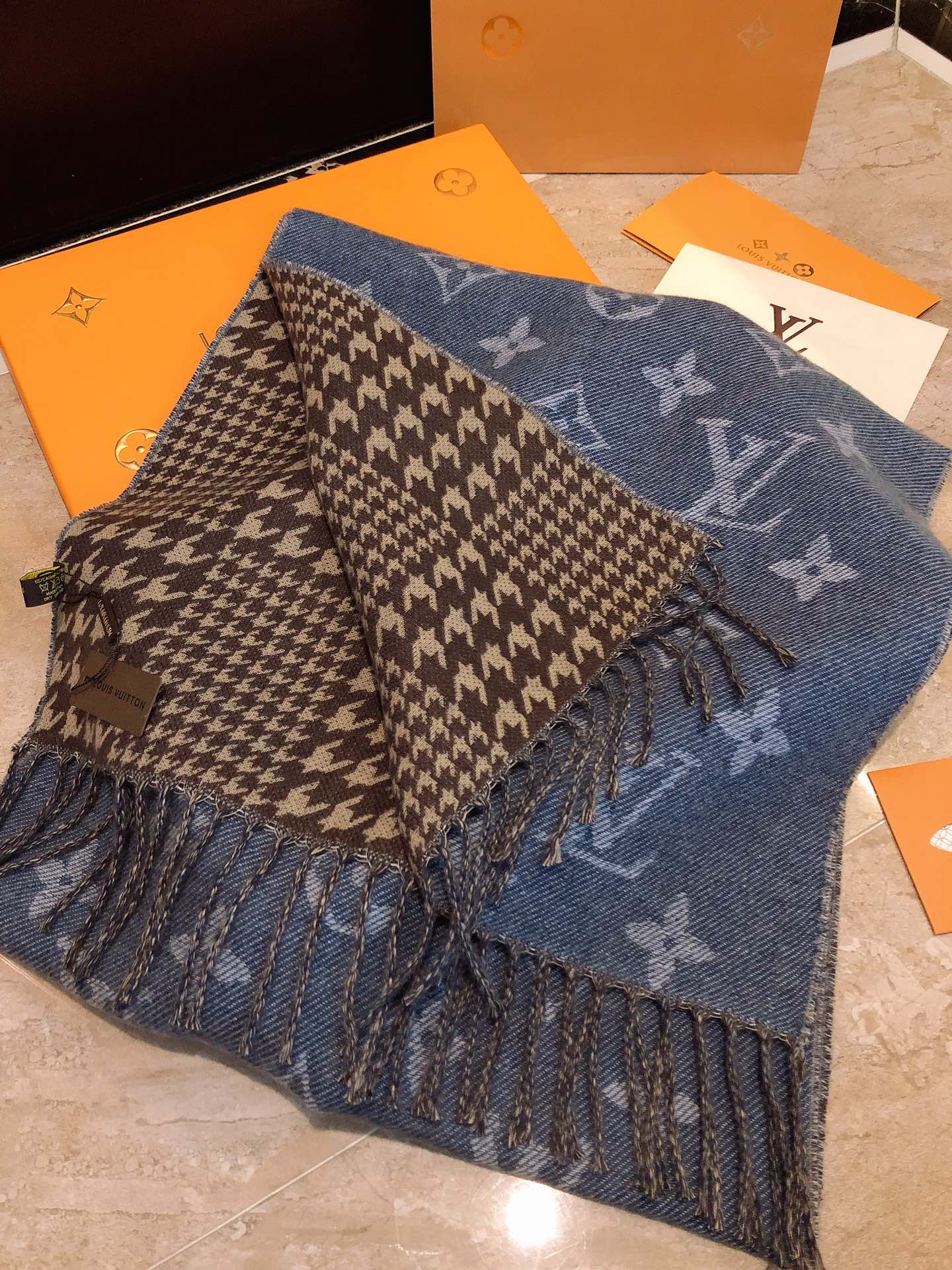 Louis Vuitton Monogram Denim Blue Reversible Wool Silk Scarf Shawl with Fringe