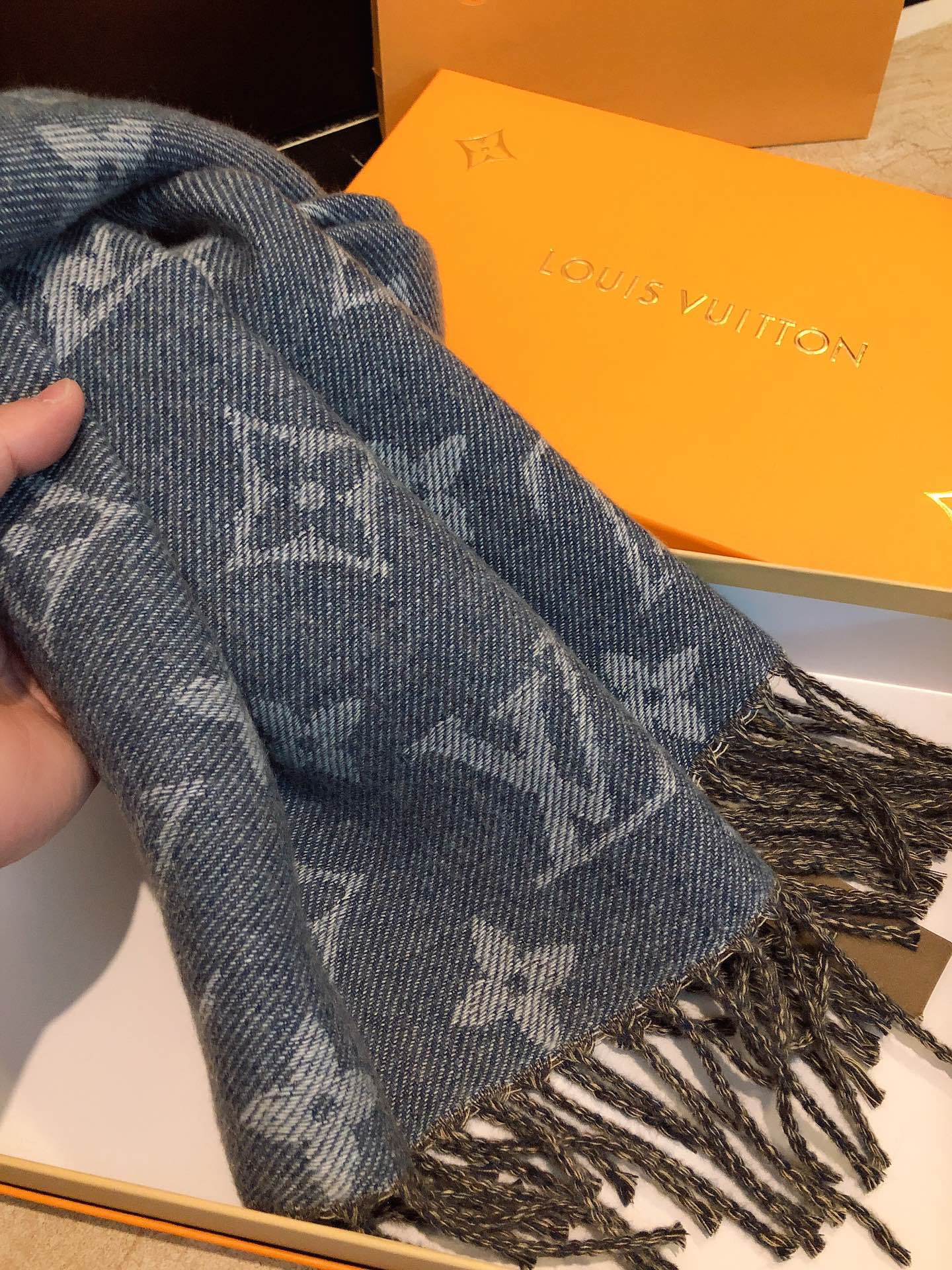 Louis Vuitton Monogram Denim Blue Reversible Wool Silk Scarf Shawl with Fringe