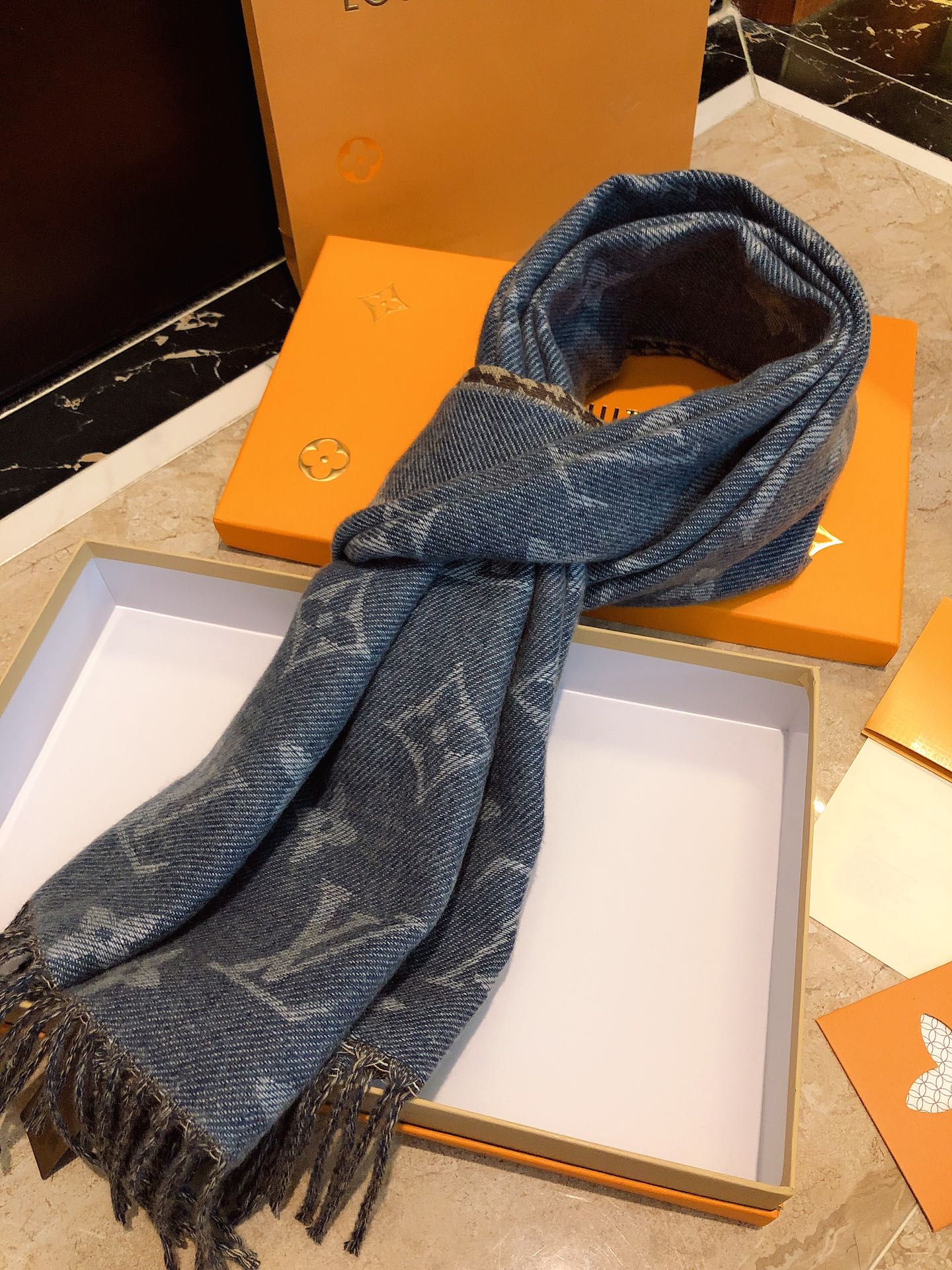 Louis Vuitton Monogram and Houndstooth Reversible Scarf - Blue Denim Grey Wool Blend Shawl with Fringe