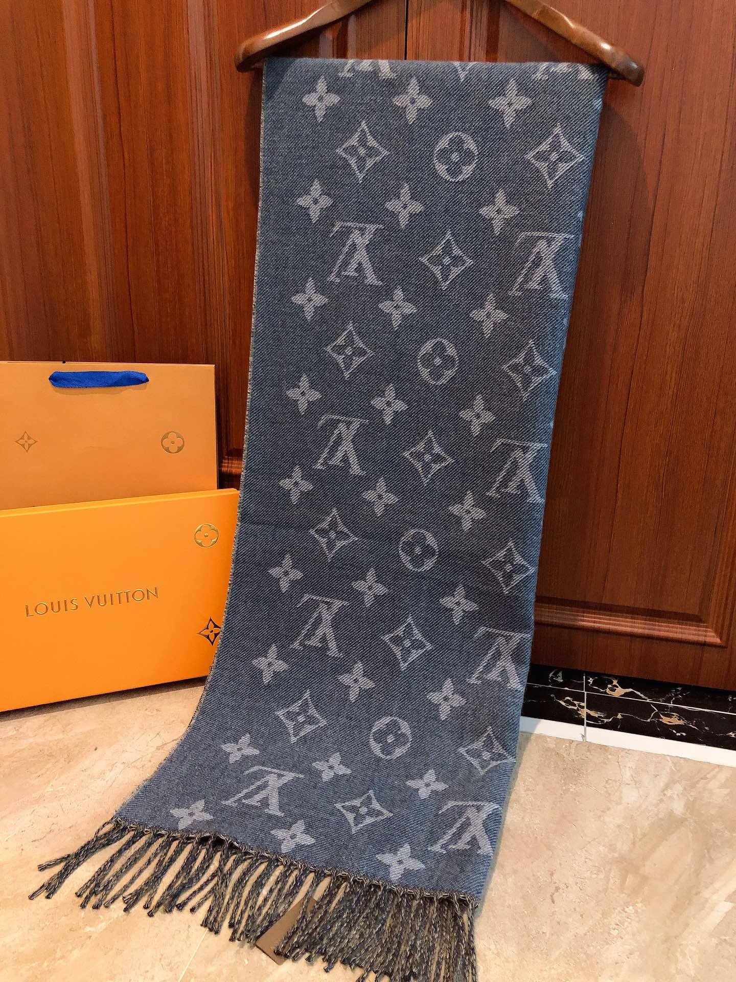 Louis Vuitton Monogram Denim Blue Reversible Wool Silk Scarf Shawl with Fringe