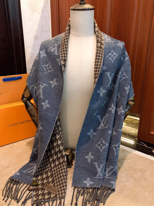 Louis Vuitton Monogram and Houndstooth Reversible Scarf - Blue Denim Grey Wool Blend Shawl with Fringe