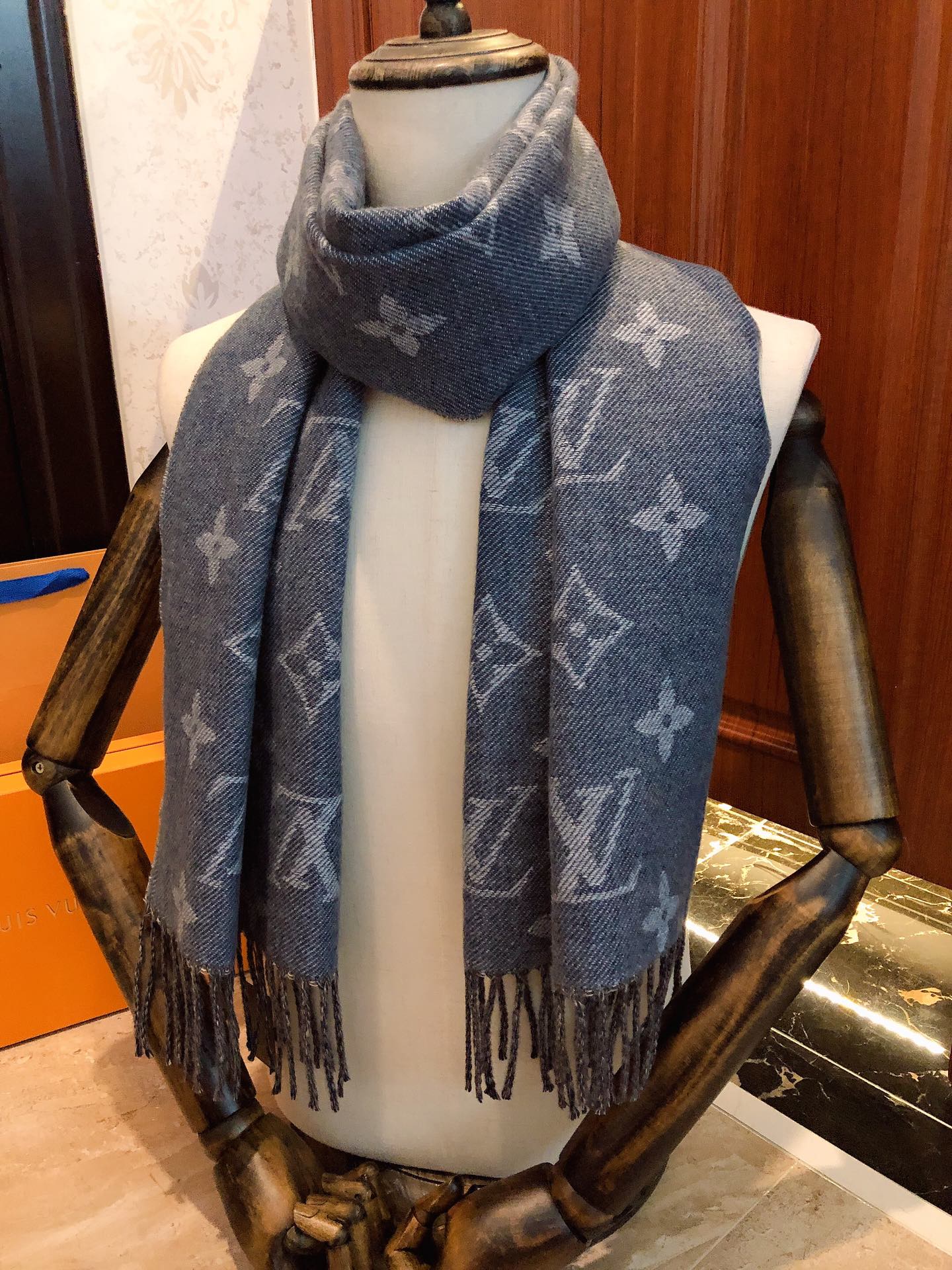 Louis Vuitton Monogram Denim Blue Reversible Wool Silk Scarf Shawl with Fringe