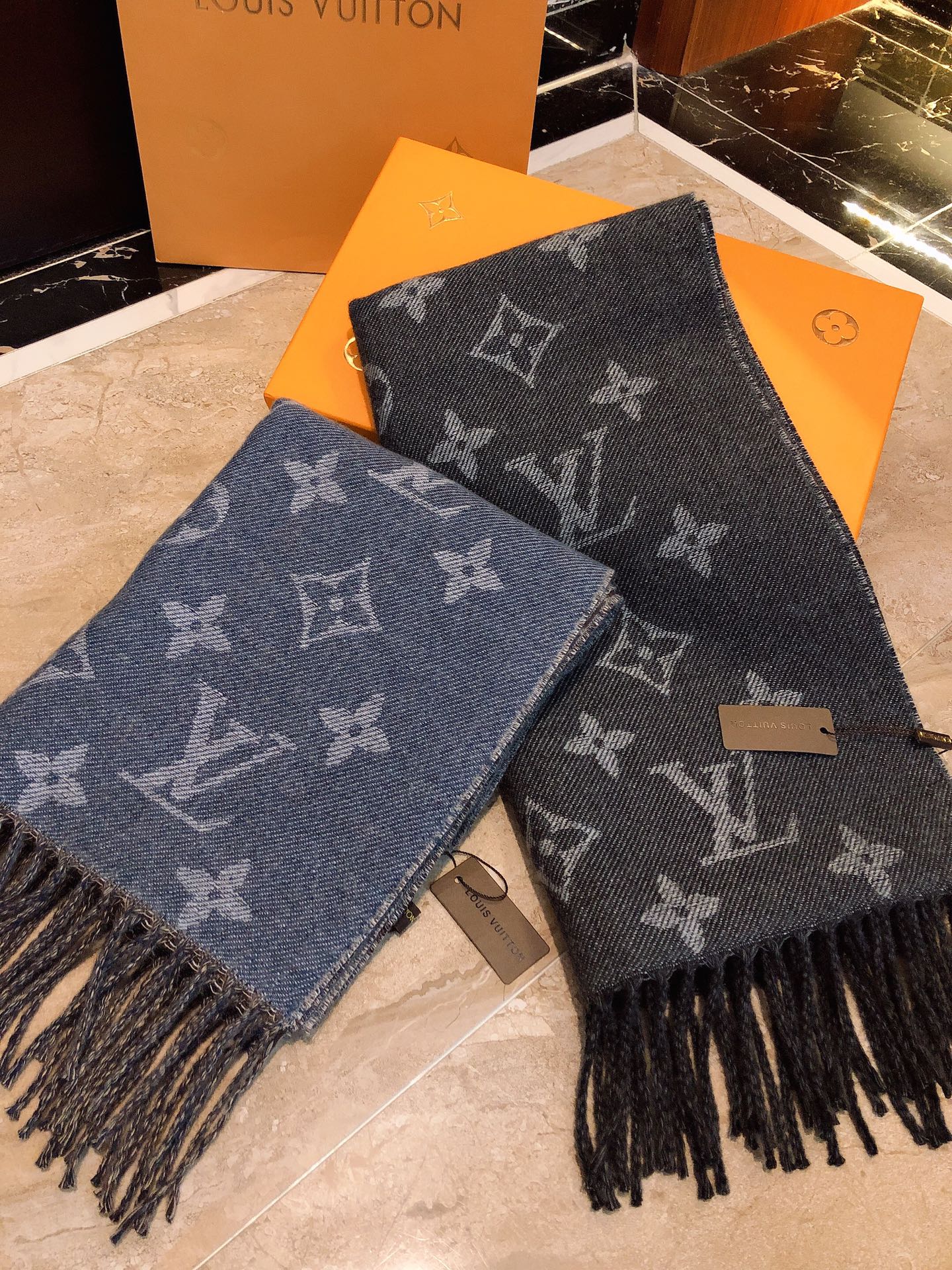 Louis Vuitton Monogram Denim Blue Reversible Wool Silk Scarf Shawl with Fringe
