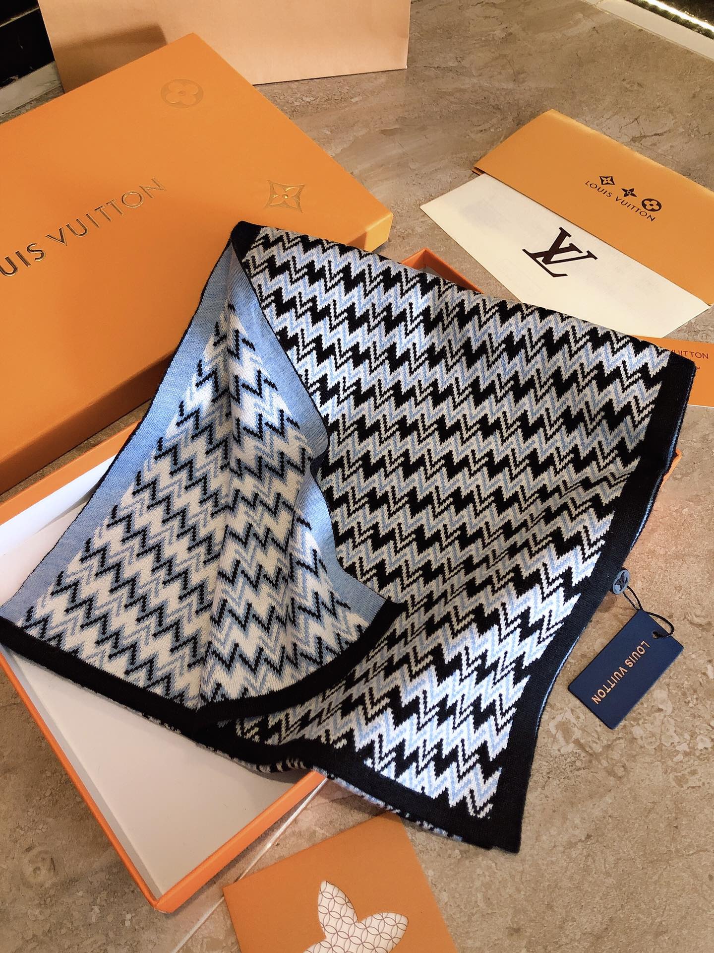 Men's Geometric Chevron Knit Scarf - Black, White, and Blue Patterned Luxury Winter Neck Wrap