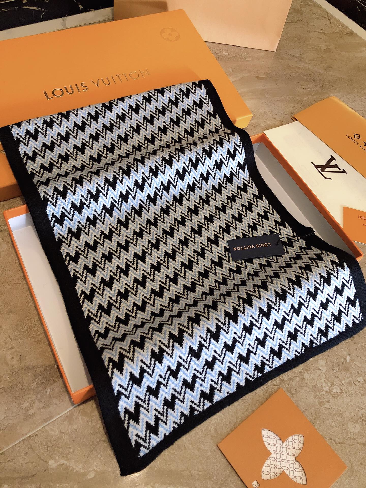 Men's Geometric Chevron Knit Scarf - Black, White, and Blue Patterned Luxury Winter Neck Wrap