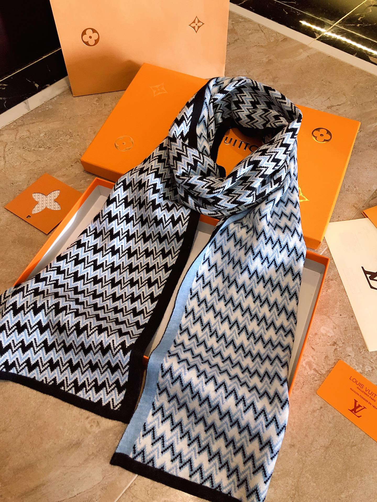 Men's Geometric Chevron Knit Scarf - Black, White, and Blue Patterned Luxury Winter Neck Wrap