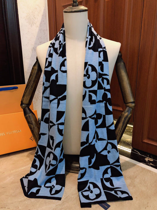 Luxury Light Blue and Black Monogram Graphic Patterned Knit Winter Scarf for Men and Women