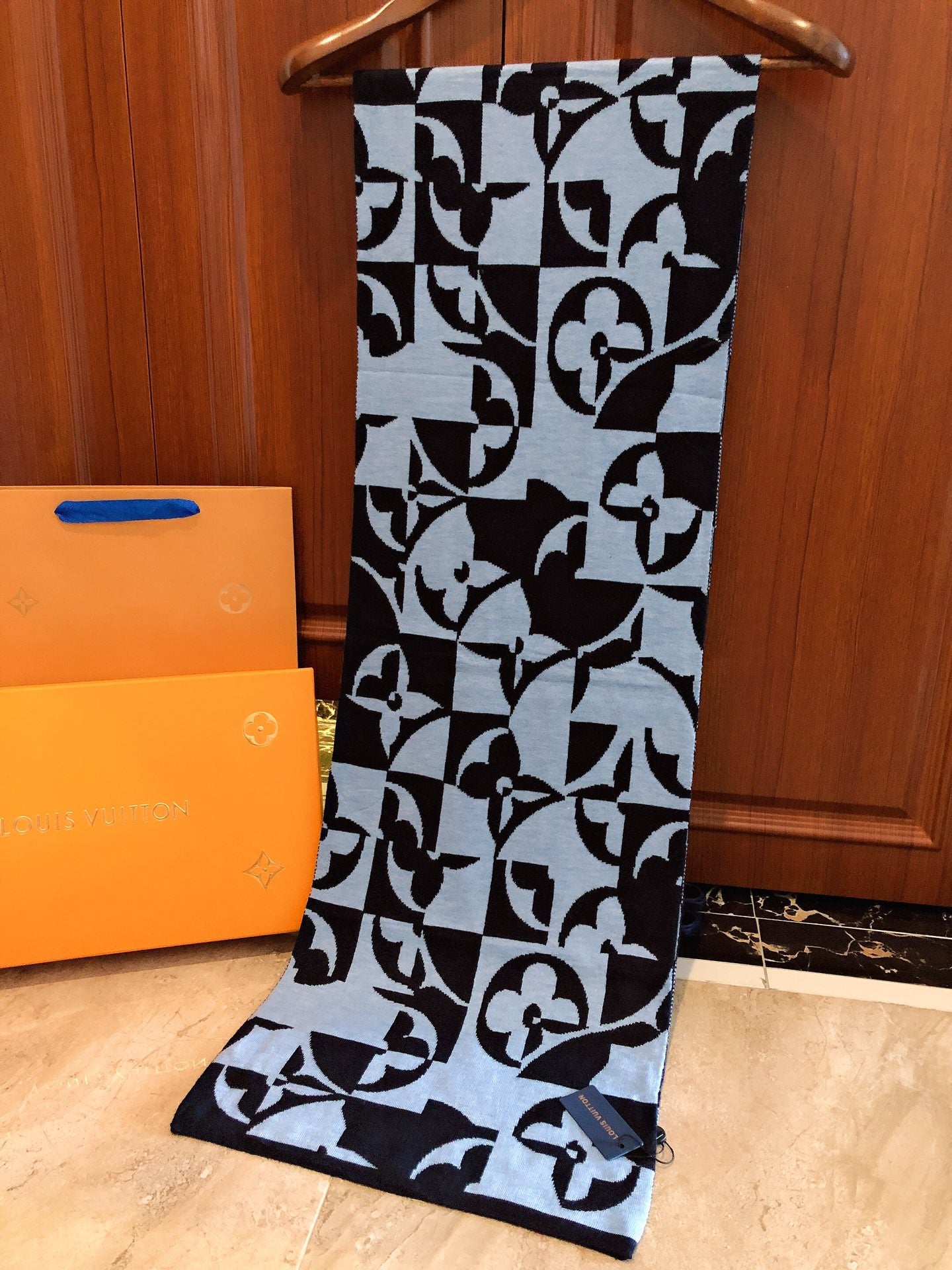 Luxury Light Blue and Black Monogram Graphic Patterned Knit Winter Scarf for Men and Women