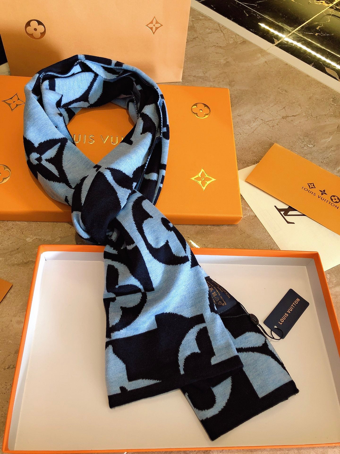 Luxury Light Blue and Black Monogram Graphic Patterned Knit Winter Scarf for Men and Women