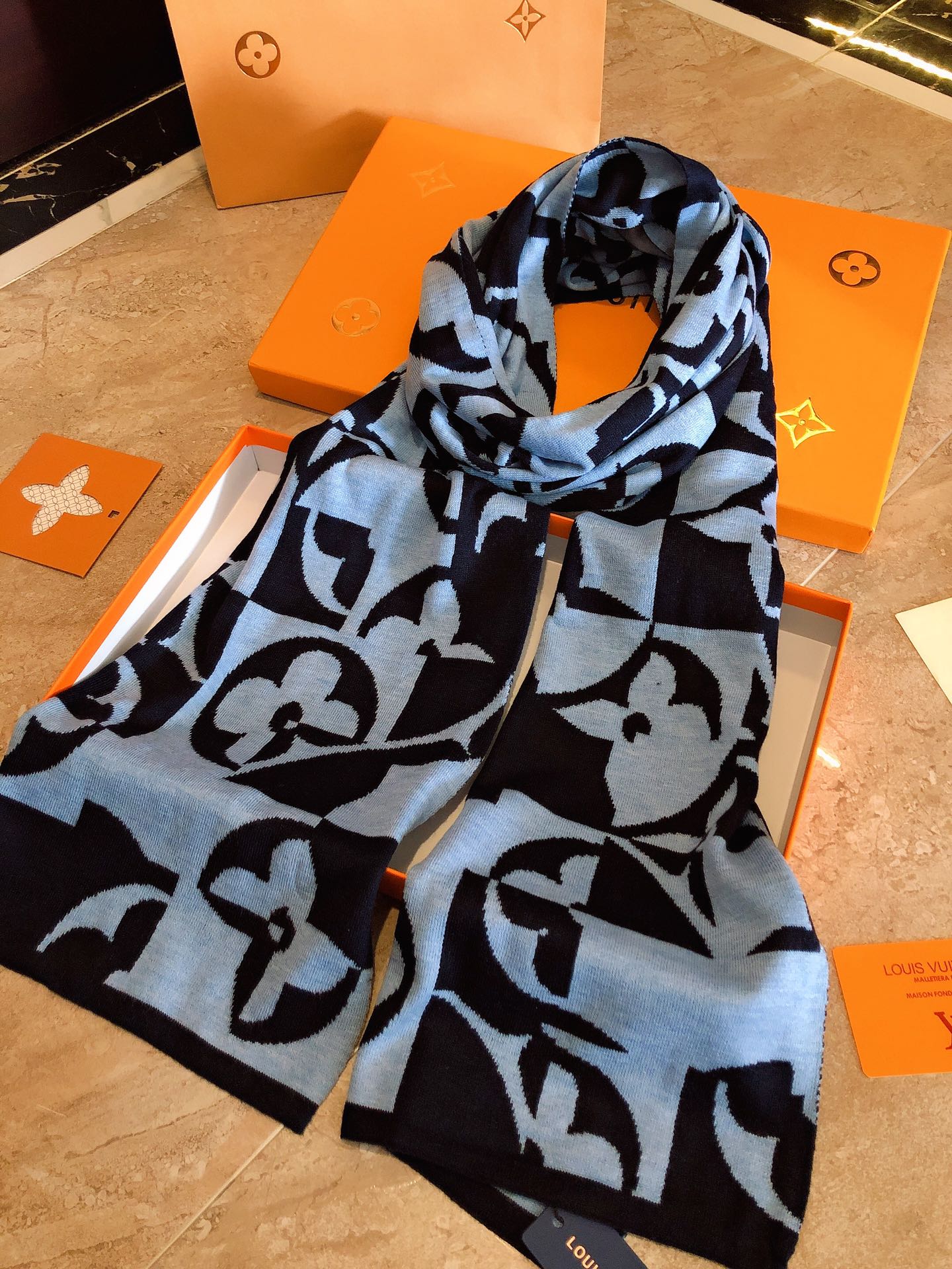 Luxury Light Blue and Black Monogram Graphic Patterned Knit Winter Scarf for Men and Women