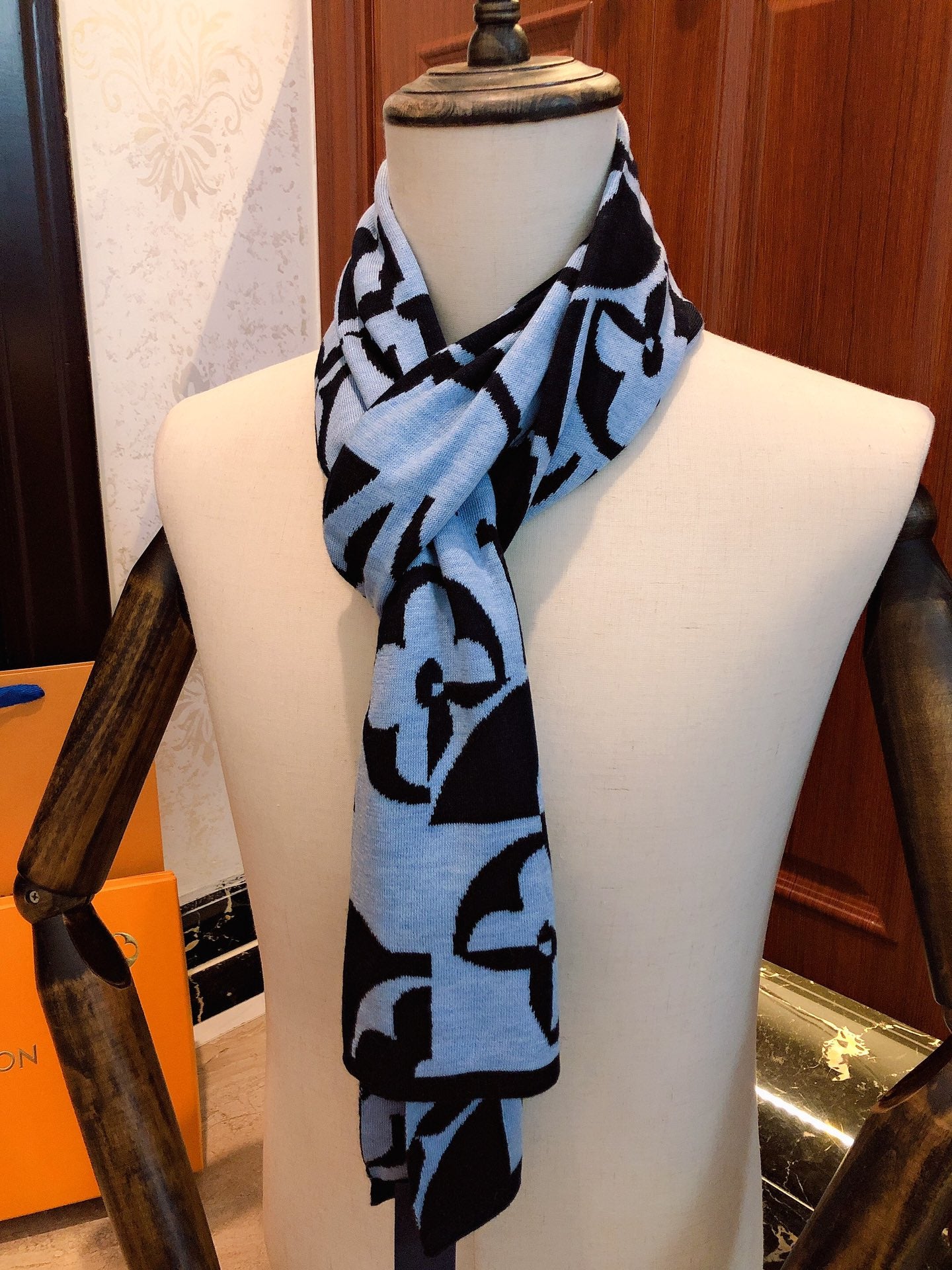 Luxury Light Blue and Black Monogram Graphic Patterned Knit Winter Scarf for Men and Women