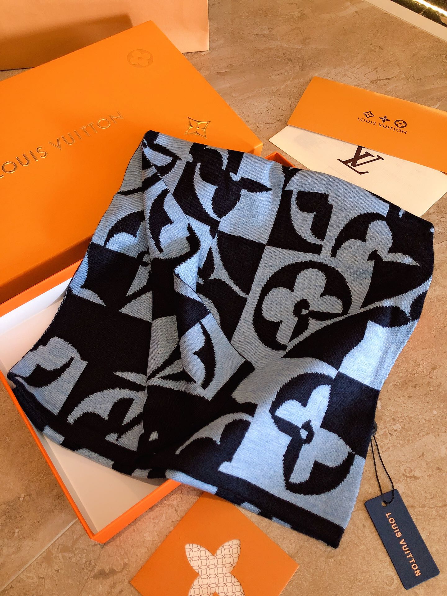 Luxury Light Blue and Black Monogram Graphic Patterned Knit Winter Scarf for Men and Women
