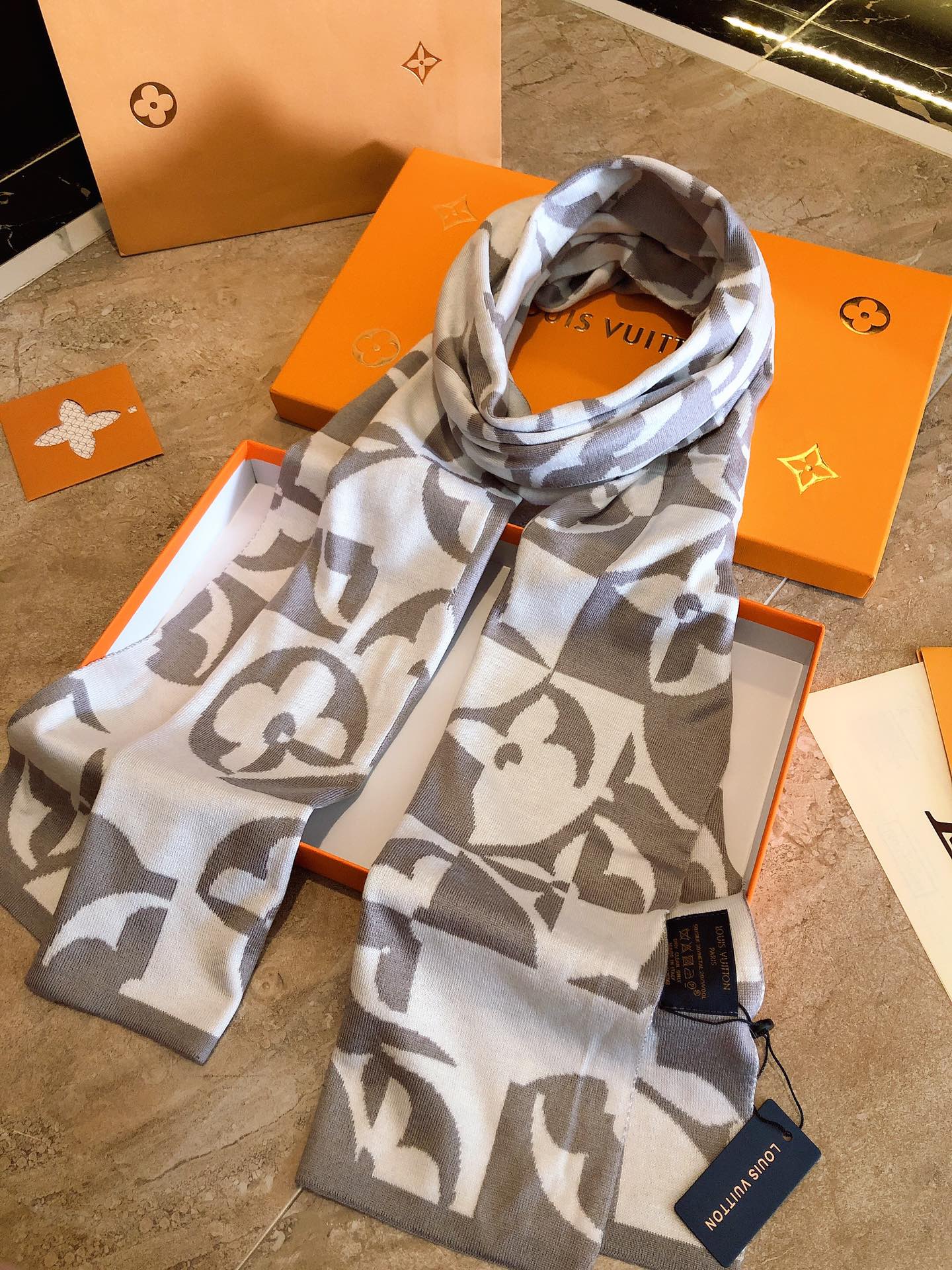Luxury Monogram Pattern Designer Scarf, White and Grey Soft Winter Wrap for Men and Women