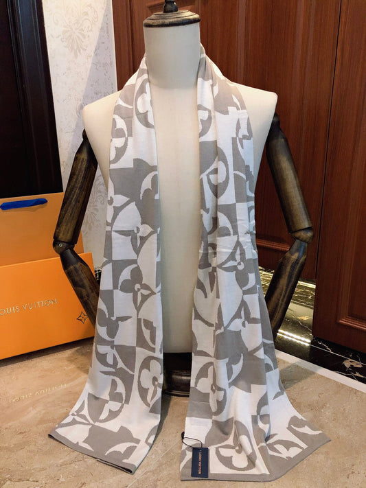 Luxury Monogram Pattern Designer Scarf, White and Grey Soft Winter Wrap for Men and Women