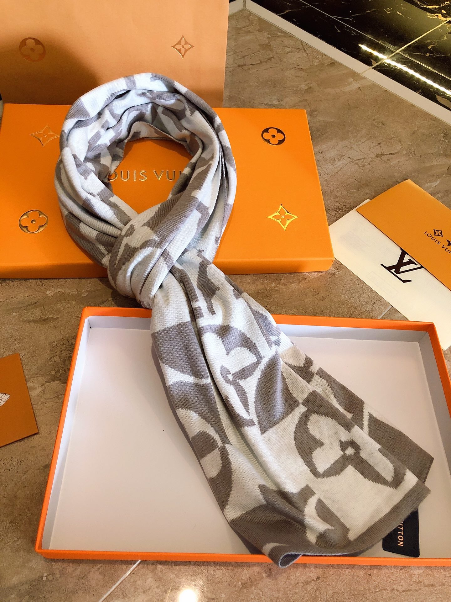 Louis Vuitton Monogram Giant Scarf - Grey and White Luxury Knit Winter Wrap