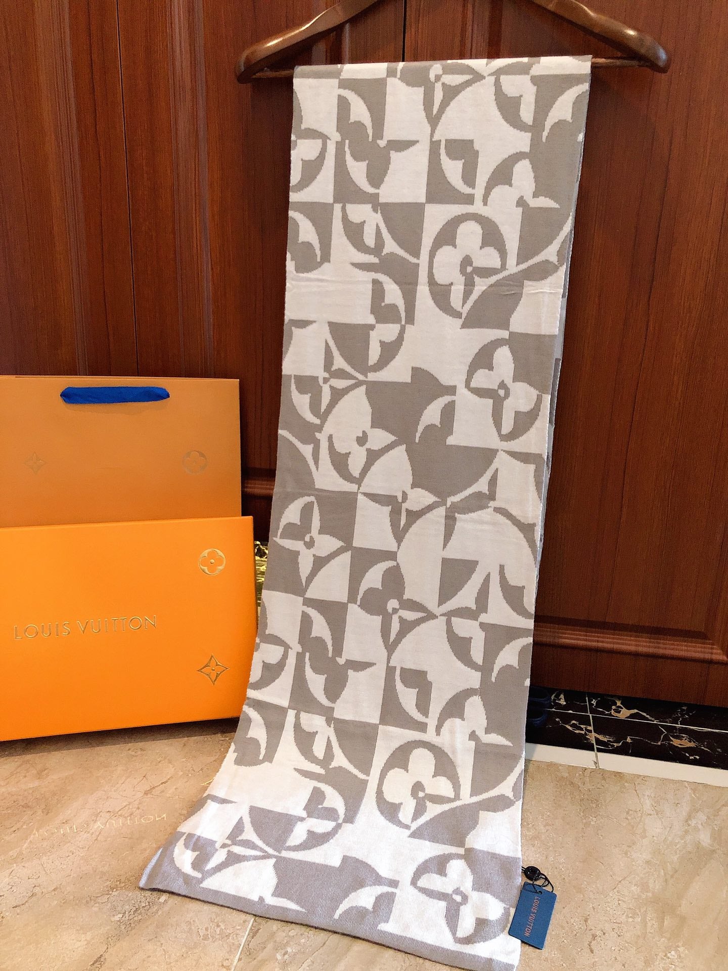 Louis Vuitton Monogram Giant Scarf - Grey and White Luxury Knit Winter Wrap