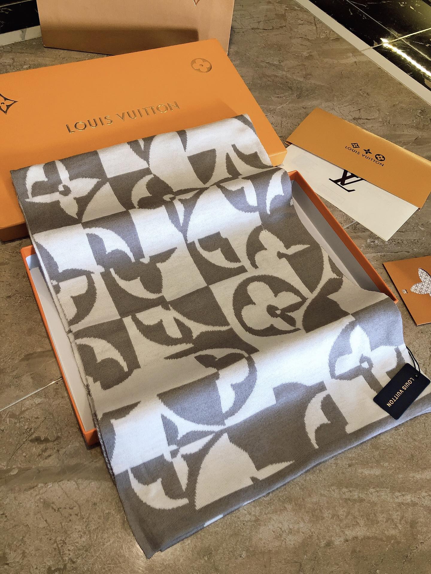 Louis Vuitton Monogram Giant Scarf - Grey and White Luxury Knit Winter Wrap