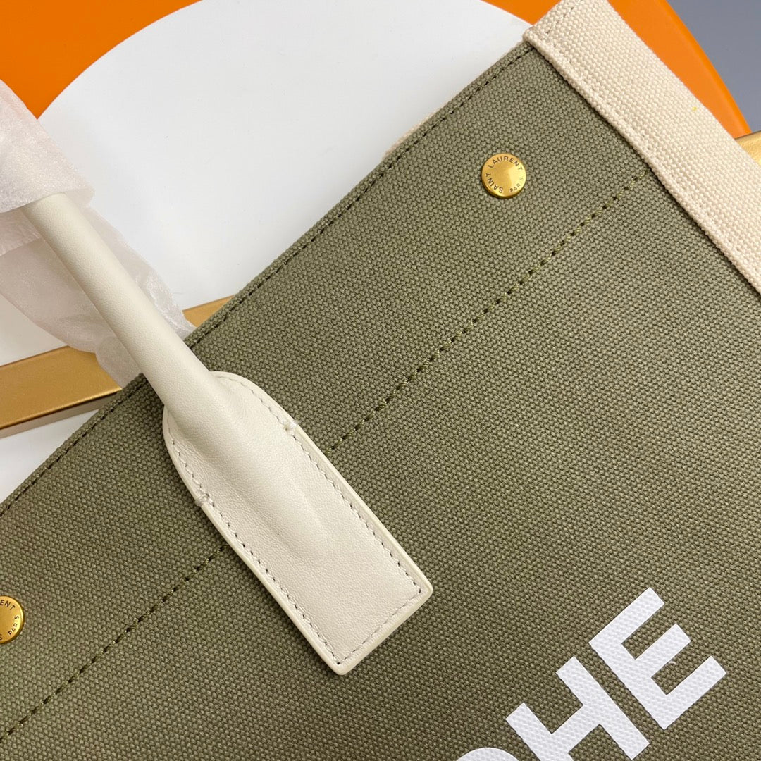 Saint Laurent Rive Gauche Canvas Tote Bag - Olive Green &amp; Cream
