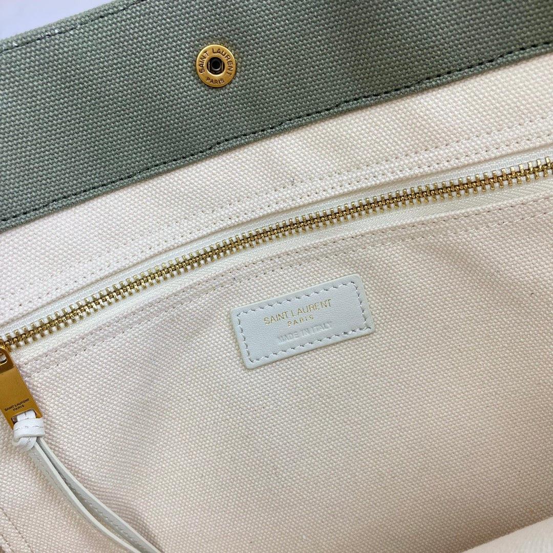 Saint Laurent Rive Gauche Canvas Tote Bag - Olive Green &amp; Cream