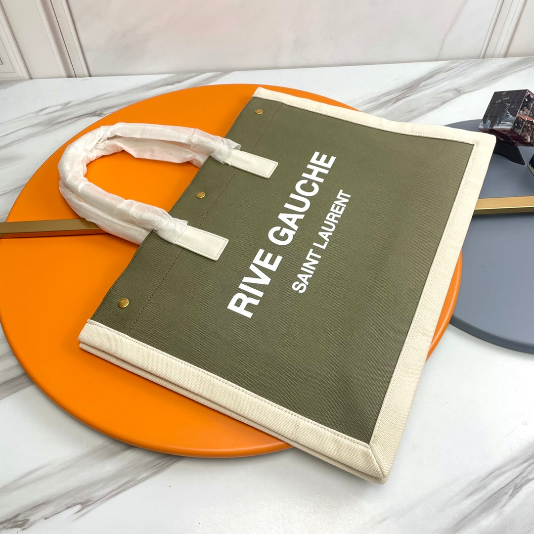 Saint Laurent Rive Gauche Canvas Tote Bag - Olive Green &amp; Cream