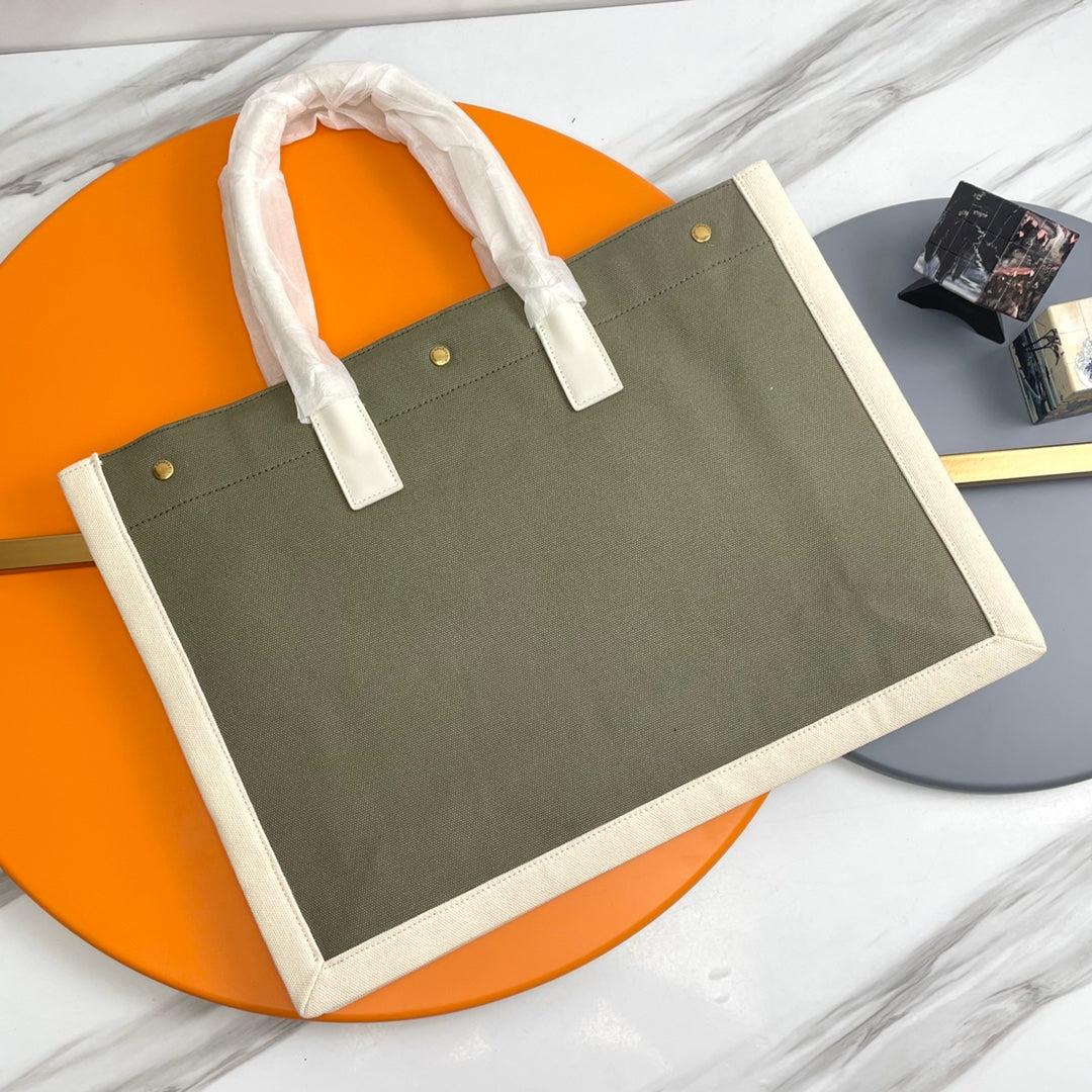 Saint Laurent Rive Gauche Canvas Tote Bag - Olive Green &amp; Cream