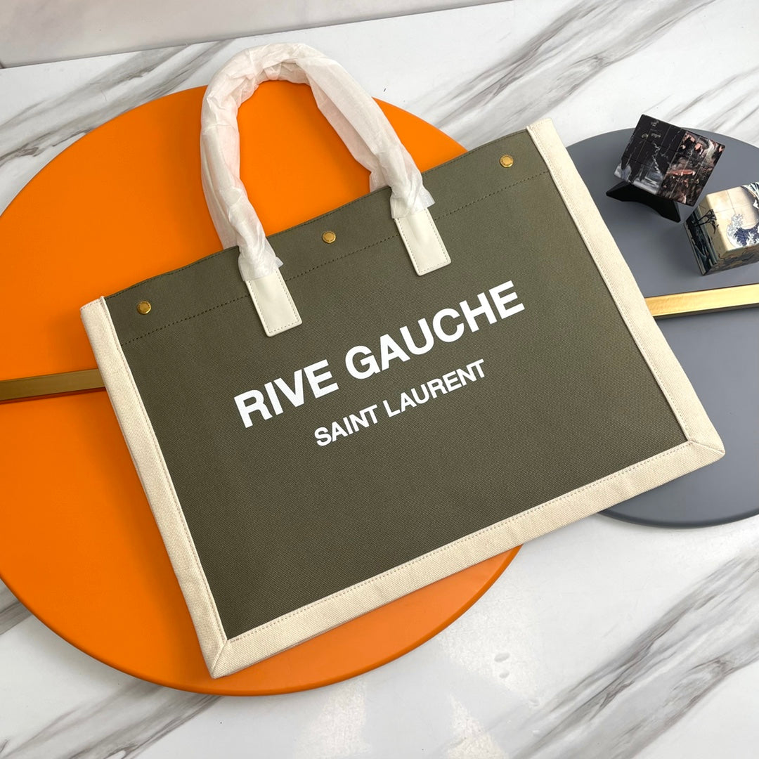 Saint Laurent Rive Gauche Canvas Tote Bag - Olive Green &amp; Cream